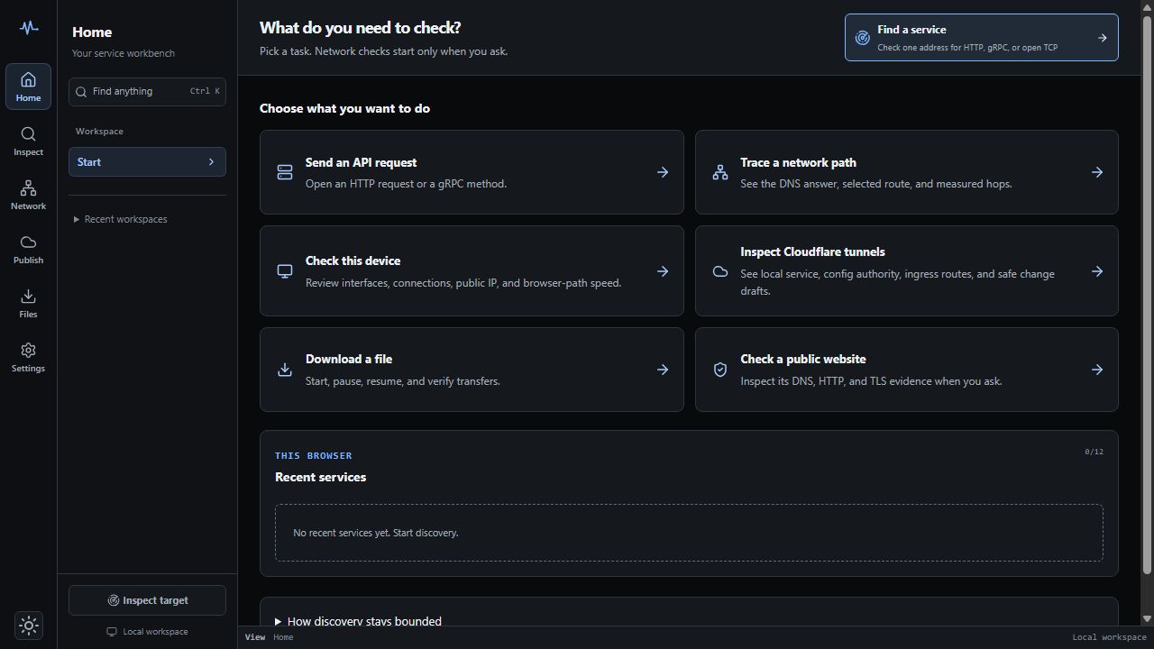 ProtoPeek edge workbench with persistent side navigation and six task destinations